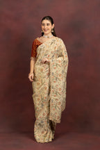Women's Beige Floral Printed Organza Saree
