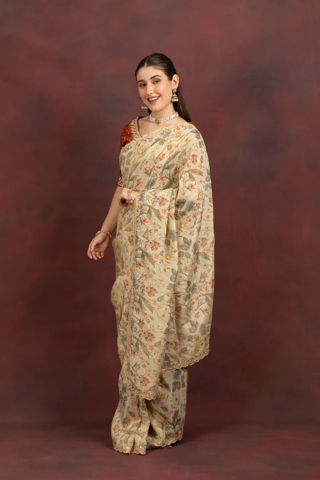 Women's Beige Floral Printed Organza Saree