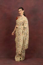 Women's Beige Floral Printed Organza Saree