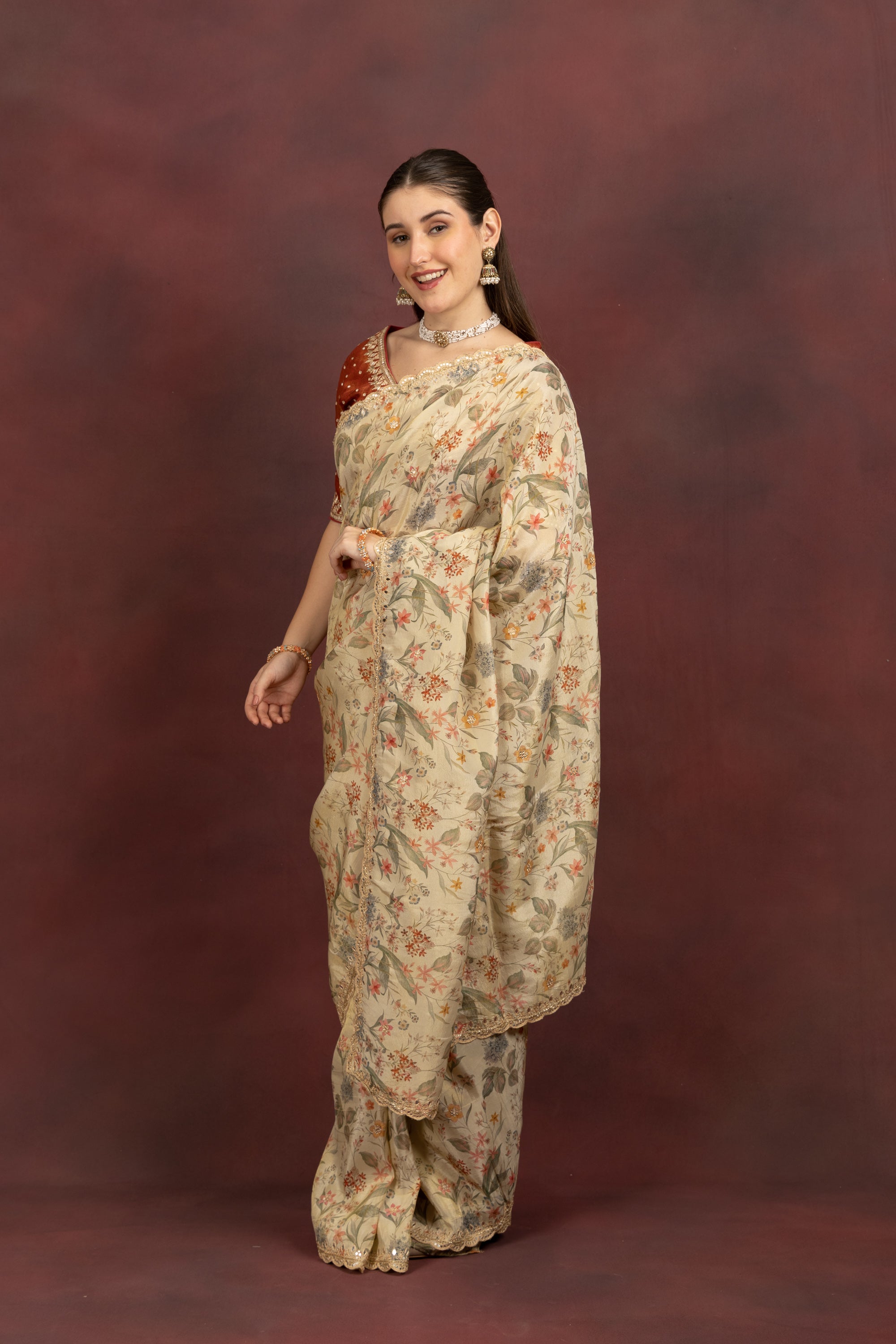 Women's Beige Floral Printed Organza Saree