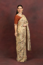 Women's Beige Floral Printed Organza Saree