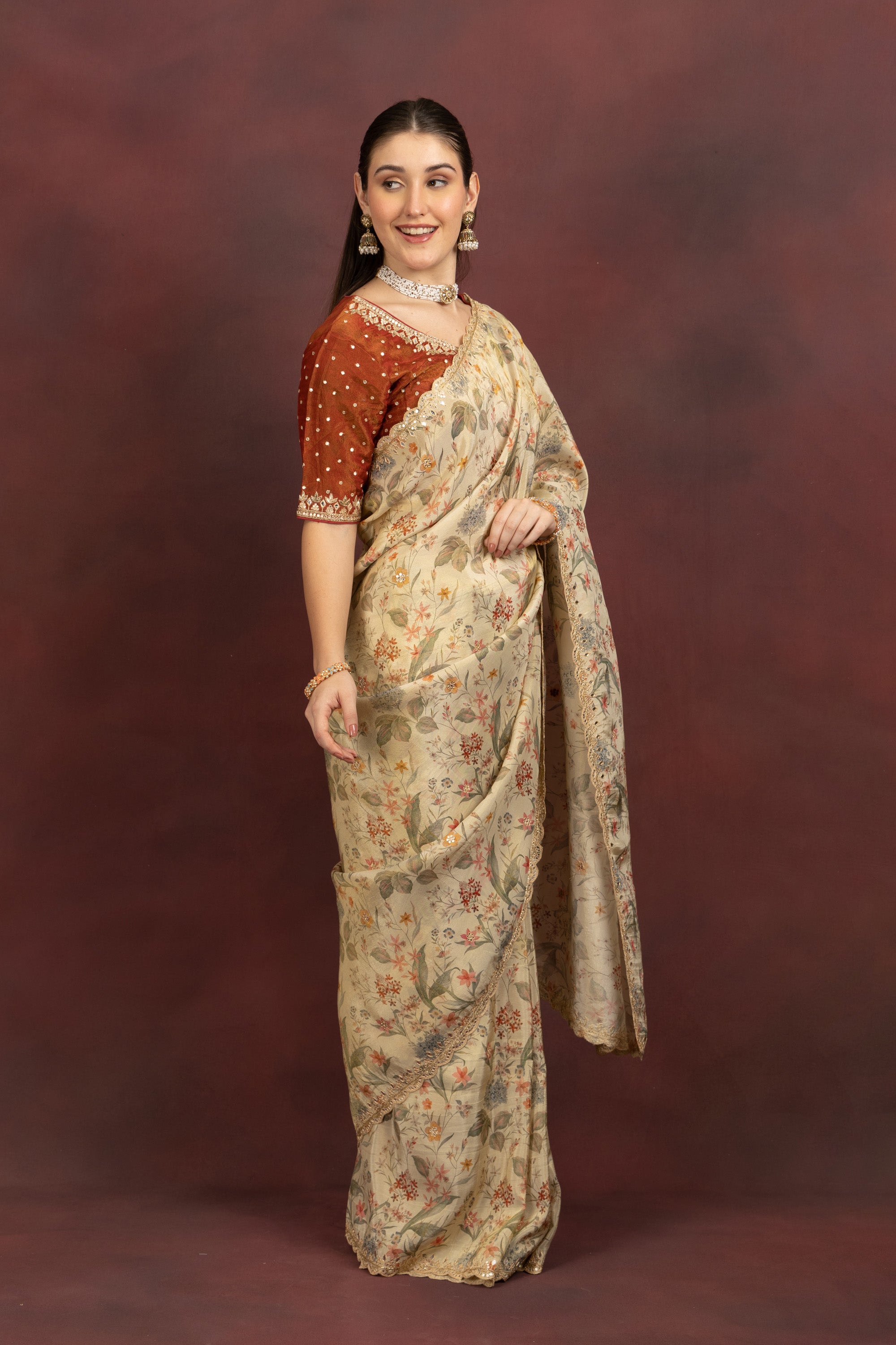 Women's Beige Floral Printed Organza Saree