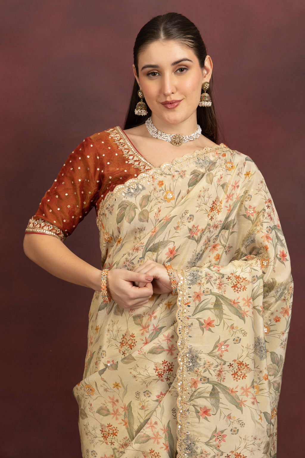 Women's Beige Floral Printed Organza Saree