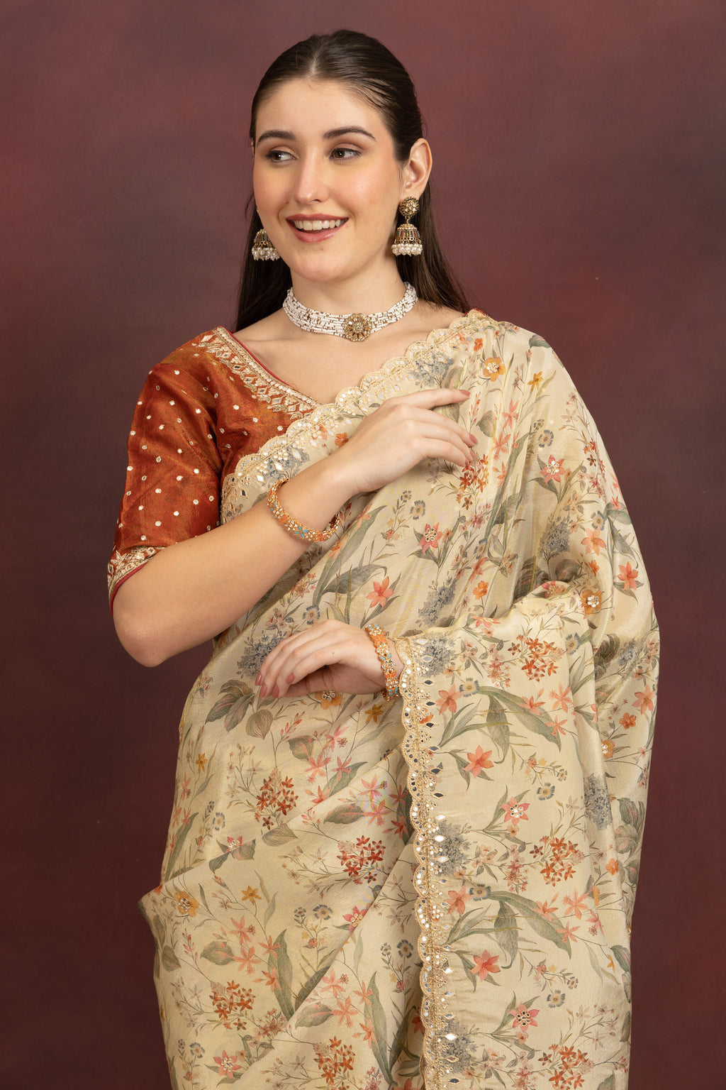 Women's Beige Floral Printed Organza Saree