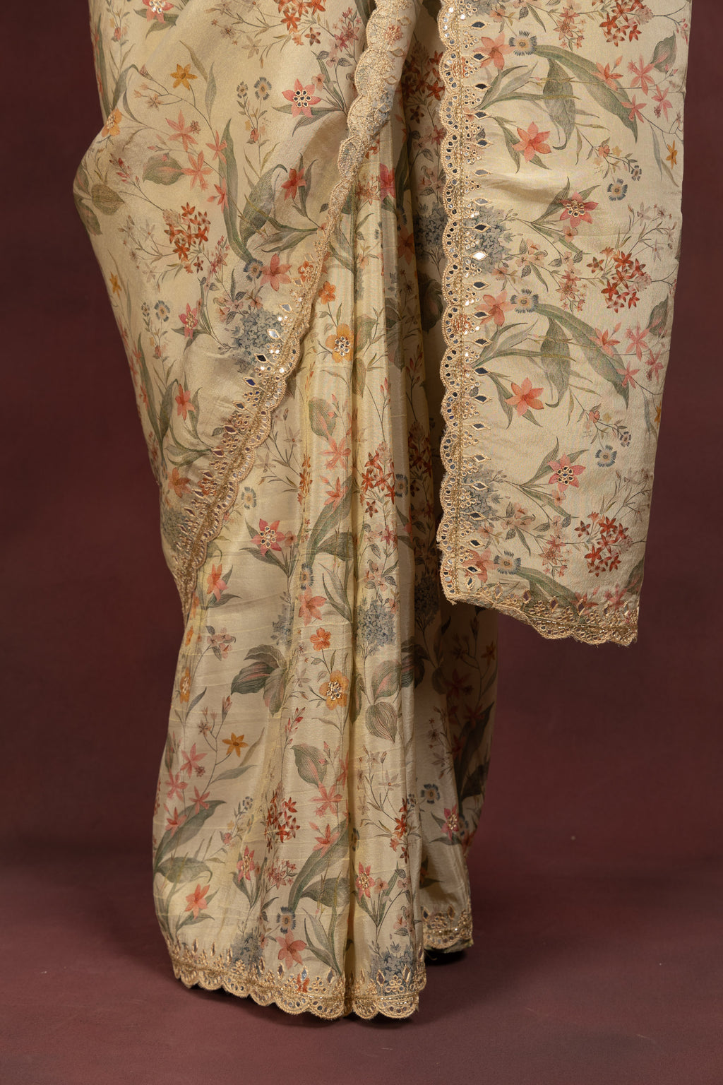 Women's Beige Floral Printed Organza Saree