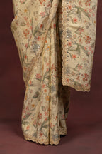 Women's Beige Floral Printed Organza Saree