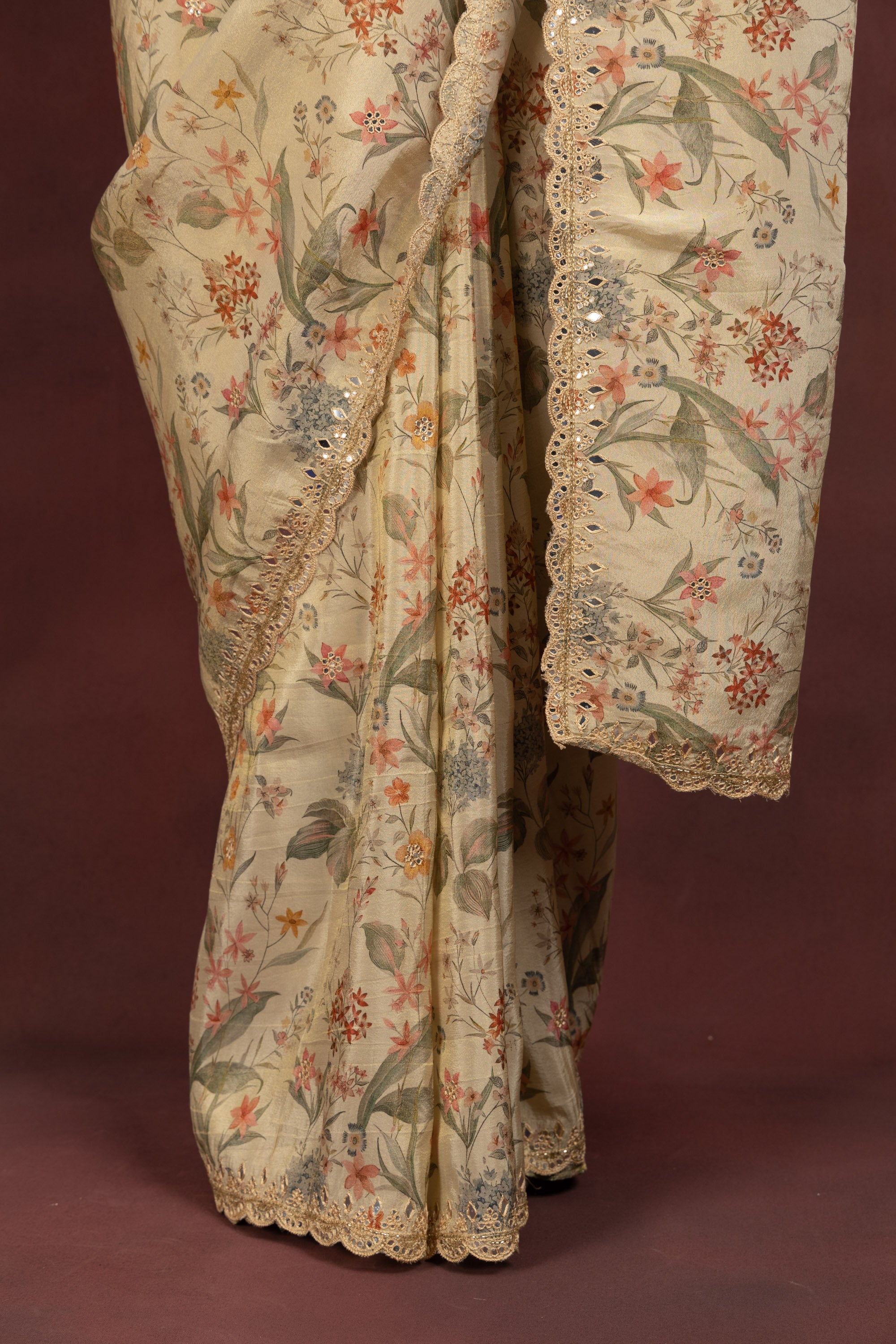 Women's Beige Floral Printed Organza Saree