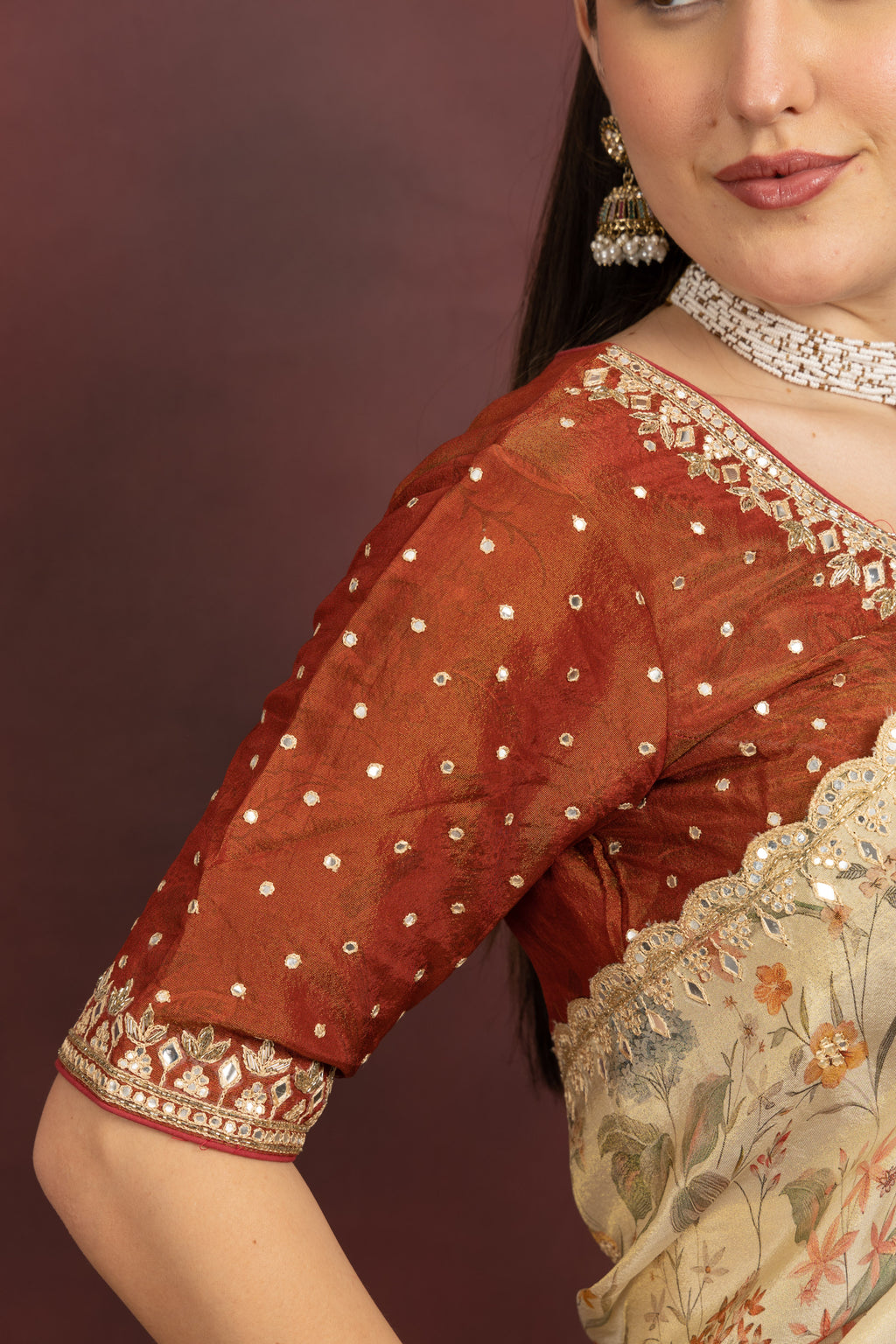 Women's Beige Floral Printed Organza Saree