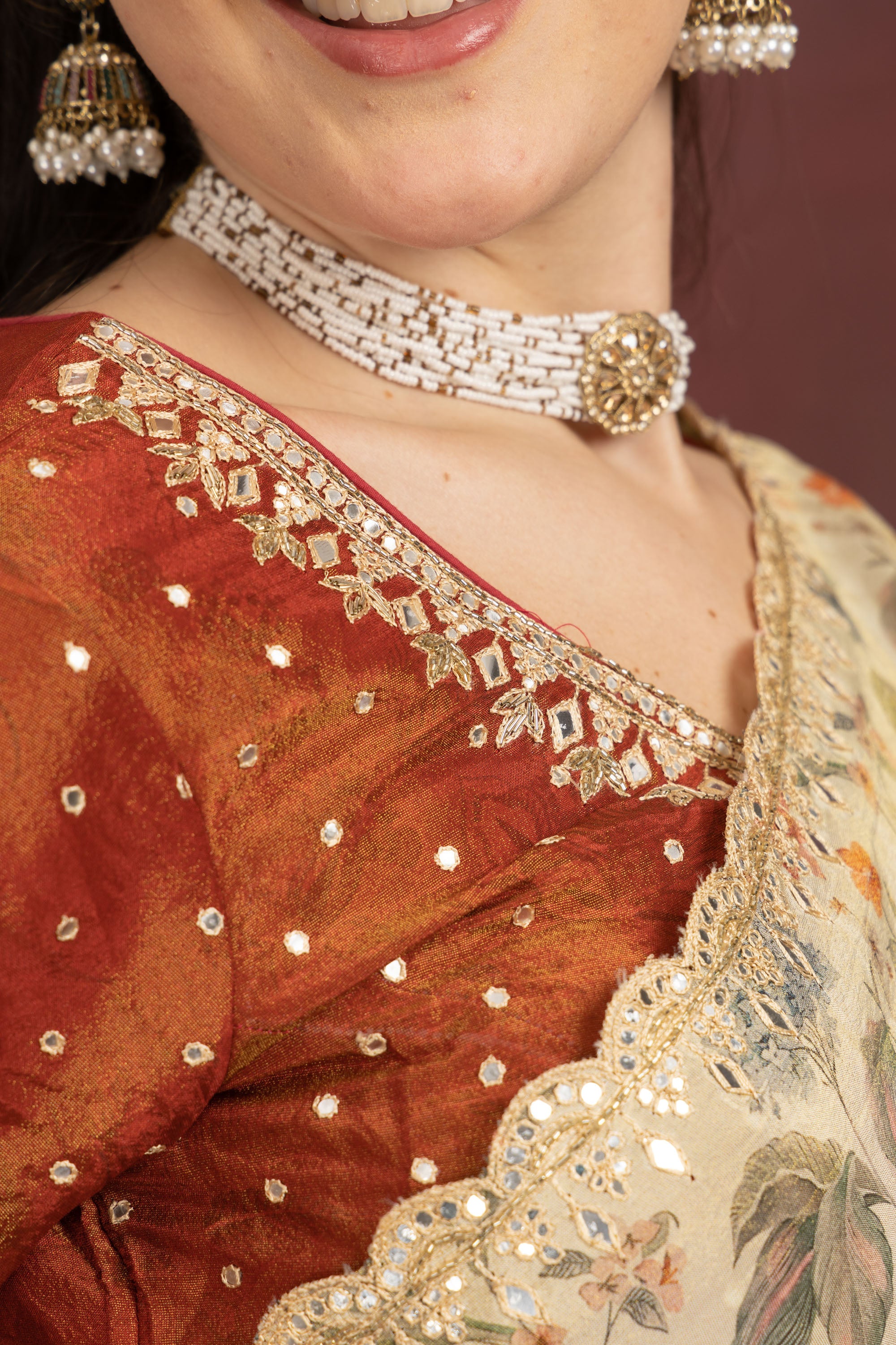 Women's Beige Floral Printed Organza Saree