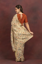 Women's Beige Floral Printed Organza Saree