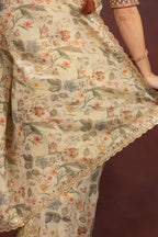Women's Beige Floral Printed Organza Saree