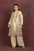Women's Ivory Floral Embroidered Kurta Palazzo Set with Organza Dupatta