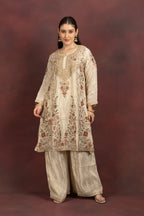 Women's Ivory Floral Embroidered Kurta Palazzo Set with Organza Dupatta