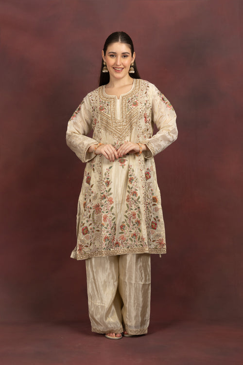 Women's Ivory Floral Embroidered Kurta Palazzo Set with Organza Dupatta