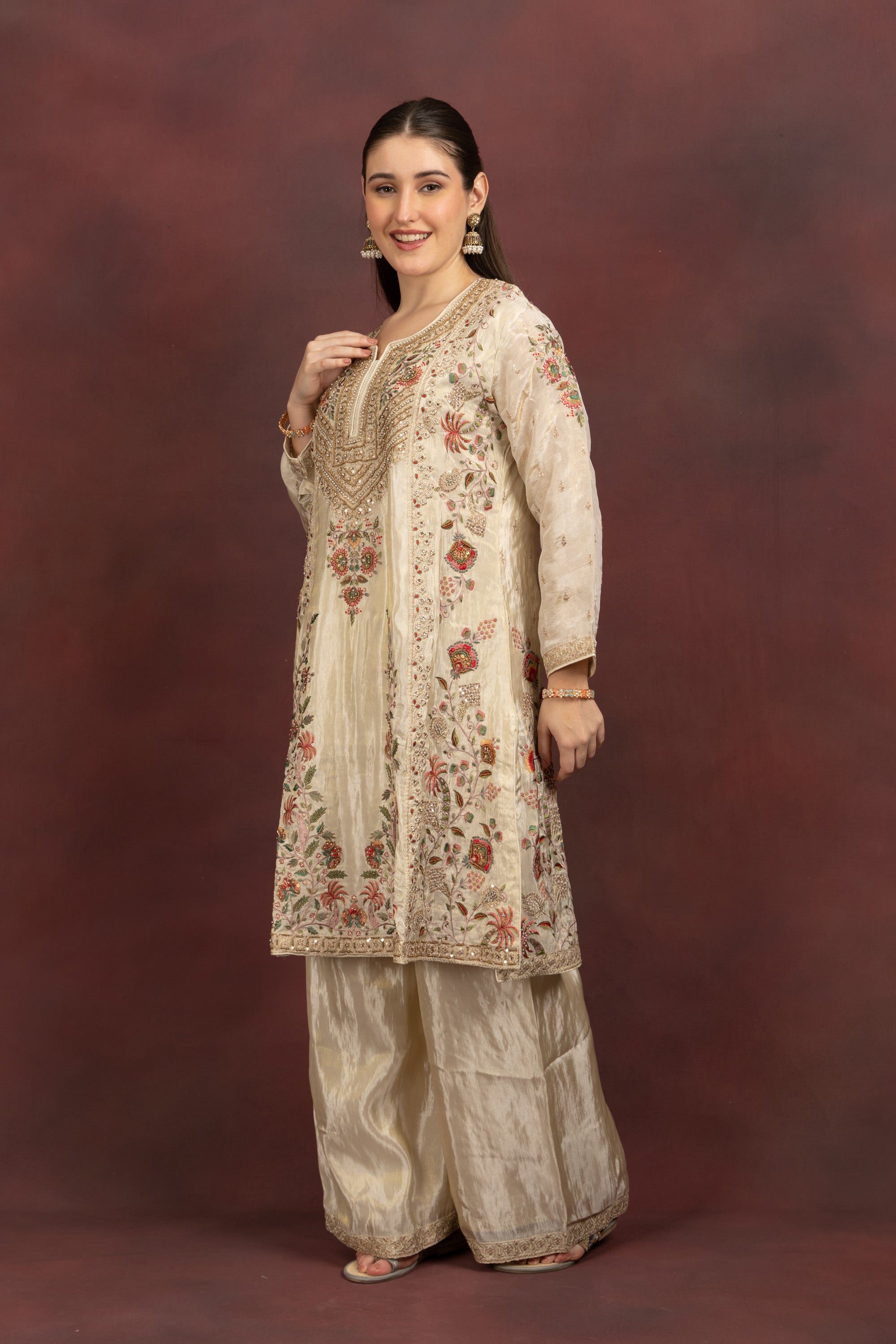Women's Ivory Floral Embroidered Kurta Palazzo Set with Organza Dupatta