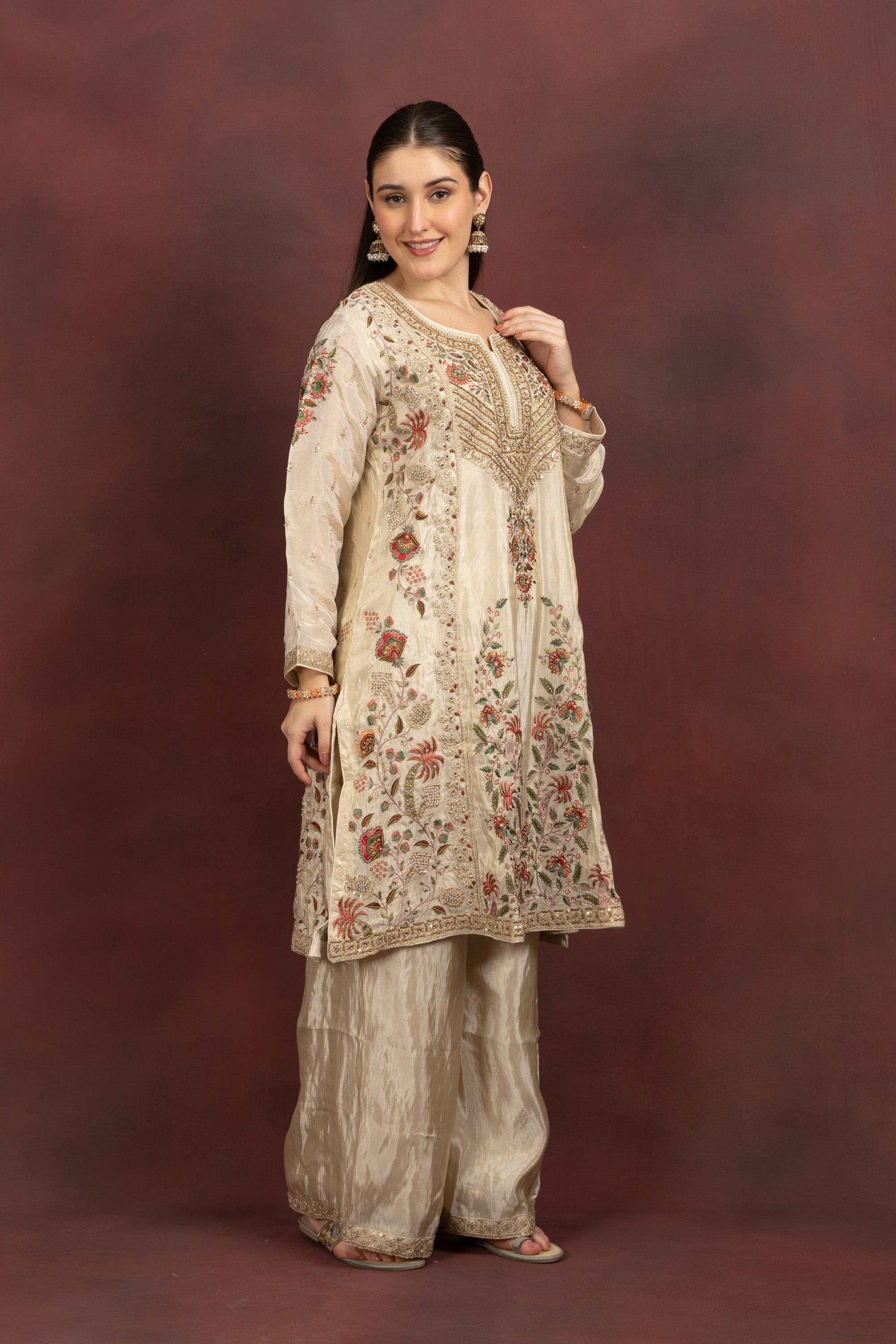 Women's Ivory Floral Embroidered Kurta Palazzo Set with Organza Dupatta