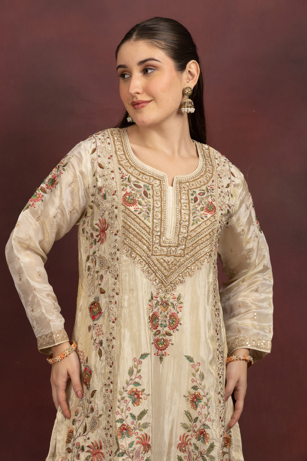 Women's Ivory Floral Embroidered Kurta Palazzo Set with Organza Dupatta