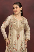 Women's Ivory Floral Embroidered Kurta Palazzo Set with Organza Dupatta