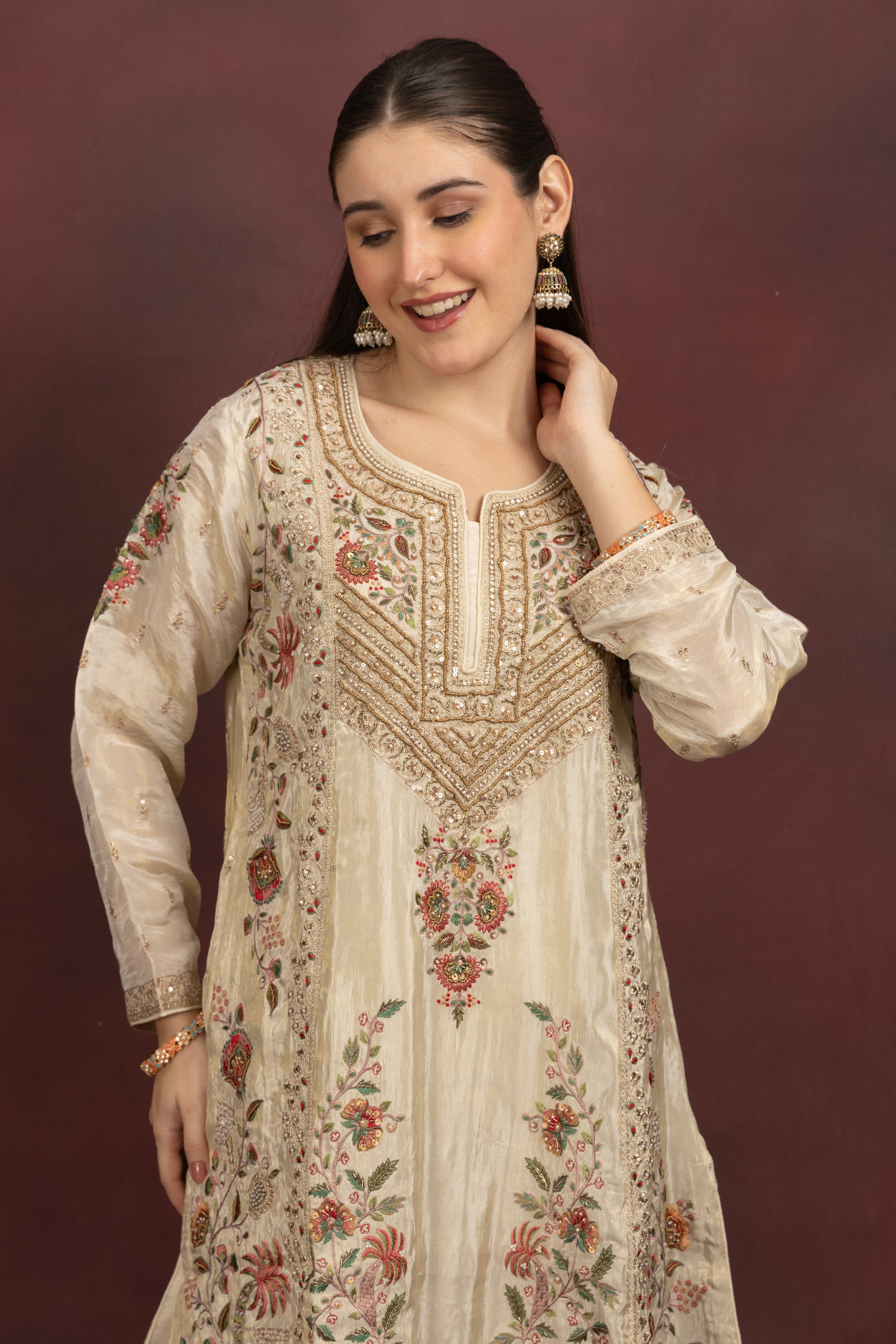 Women's Ivory Floral Embroidered Kurta Palazzo Set with Organza Dupatta