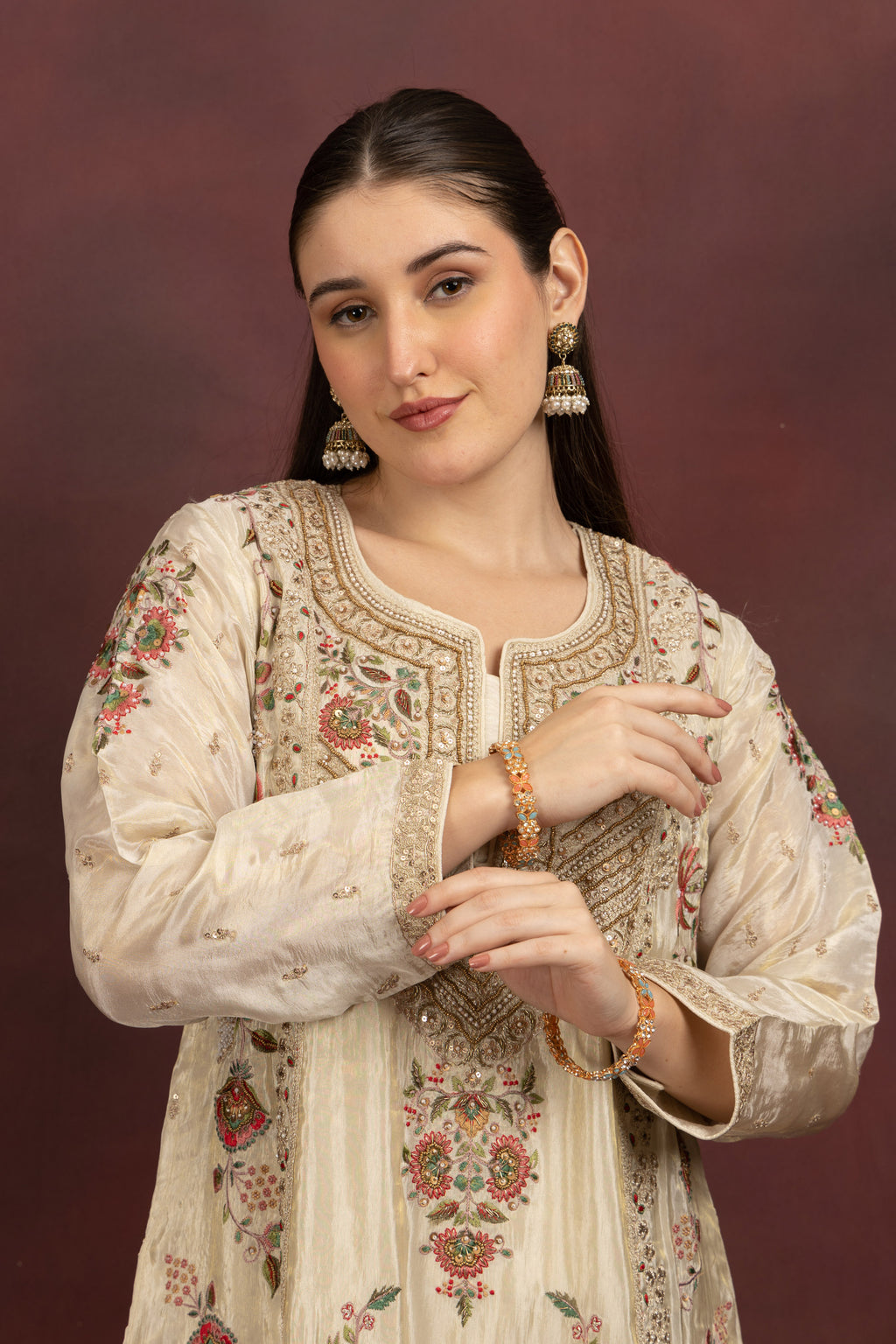Women's Ivory Floral Embroidered Kurta Palazzo Set with Organza Dupatta