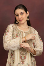 Women's Ivory Floral Embroidered Kurta Palazzo Set with Organza Dupatta