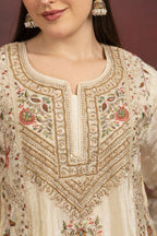 Women's Ivory Floral Embroidered Kurta Palazzo Set with Organza Dupatta