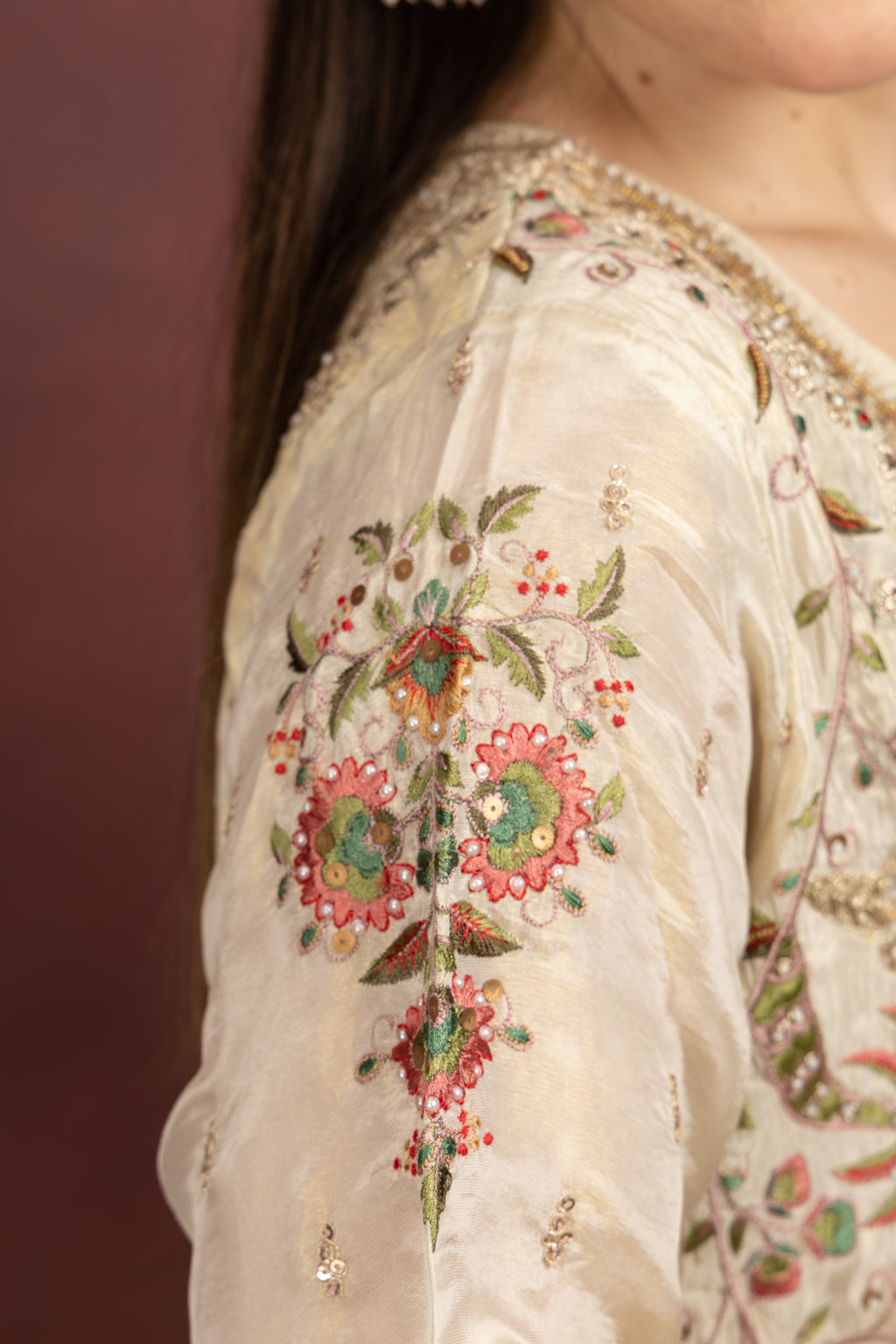 Women's Ivory Floral Embroidered Kurta Palazzo Set with Organza Dupatta