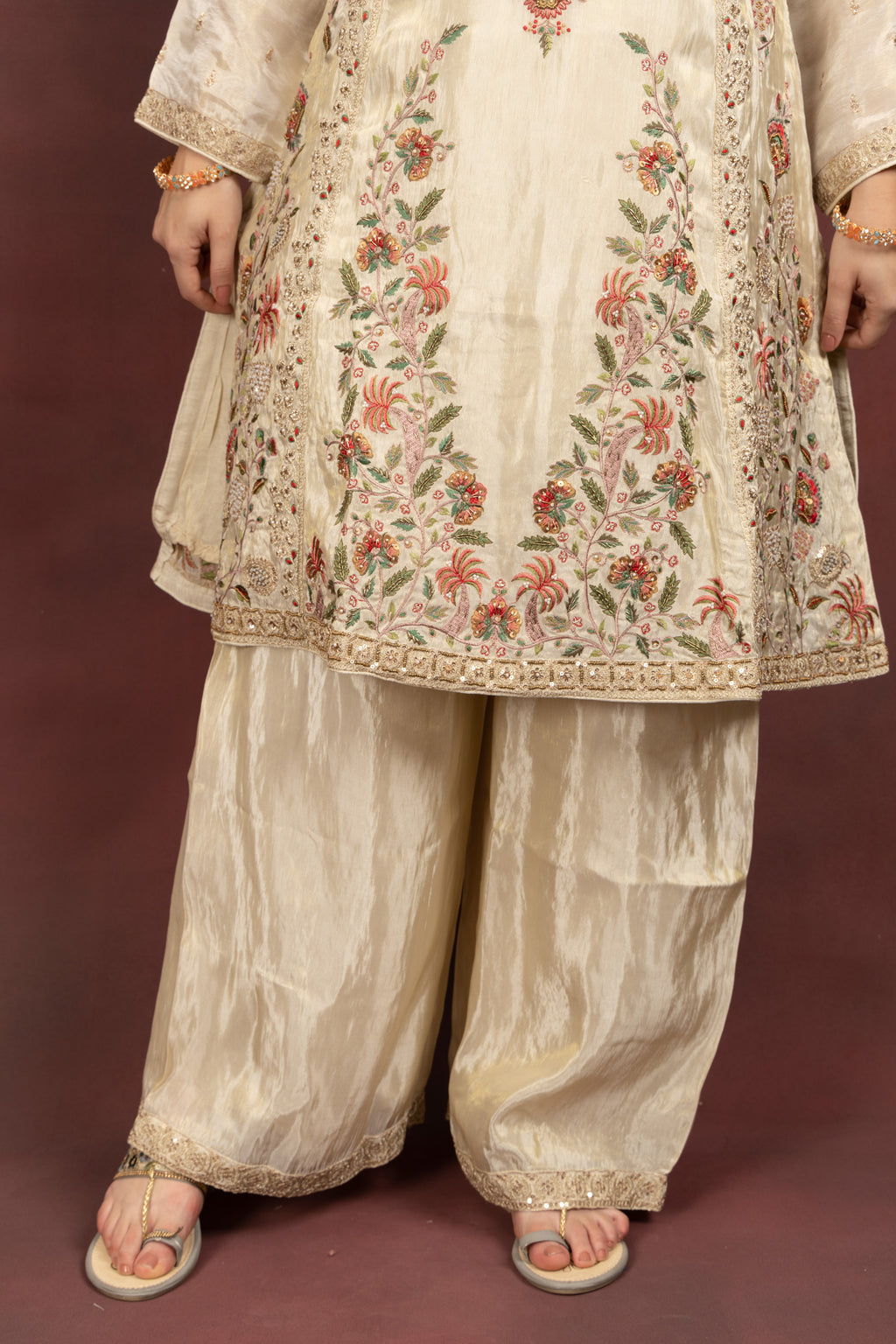 Women's Ivory Floral Embroidered Kurta Palazzo Set with Organza Dupatta