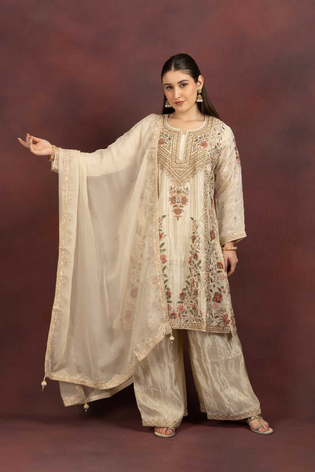 Women's Ivory Floral Embroidered Kurta Palazzo Set with Organza Dupatta