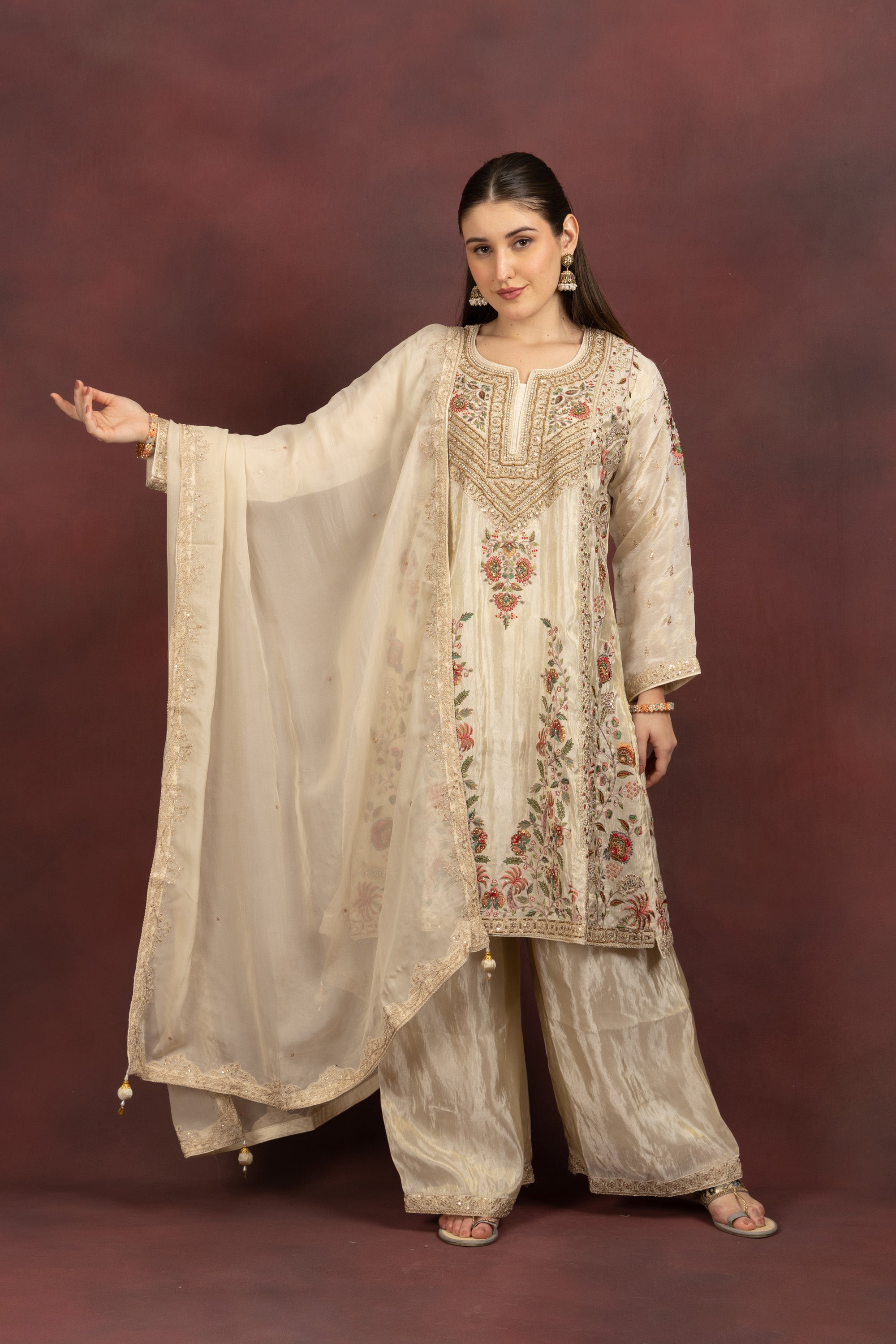 Women's Ivory Floral Embroidered Kurta Palazzo Set with Organza Dupatta