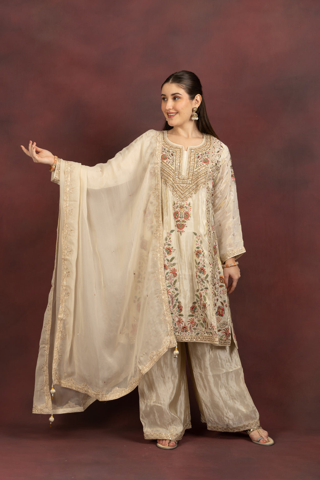 Women's Ivory Floral Embroidered Kurta Palazzo Set with Organza Dupatta