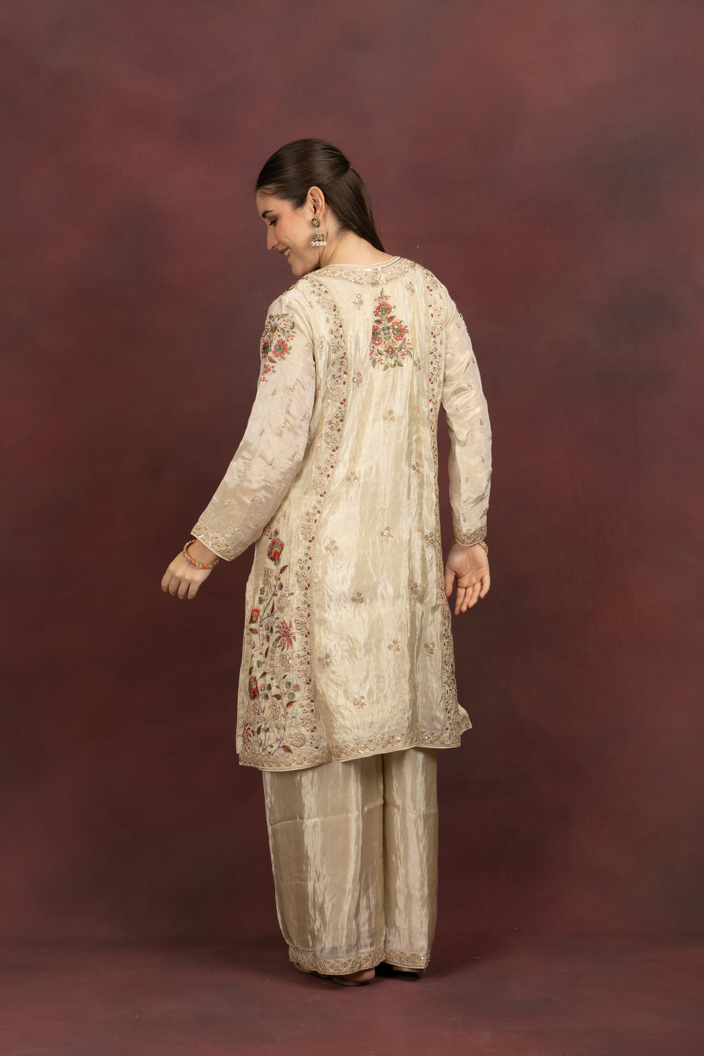 Women's Ivory Floral Embroidered Kurta Palazzo Set with Organza Dupatta
