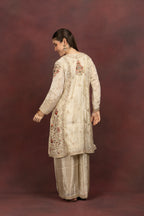 Women's Ivory Floral Embroidered Kurta Palazzo Set with Organza Dupatta