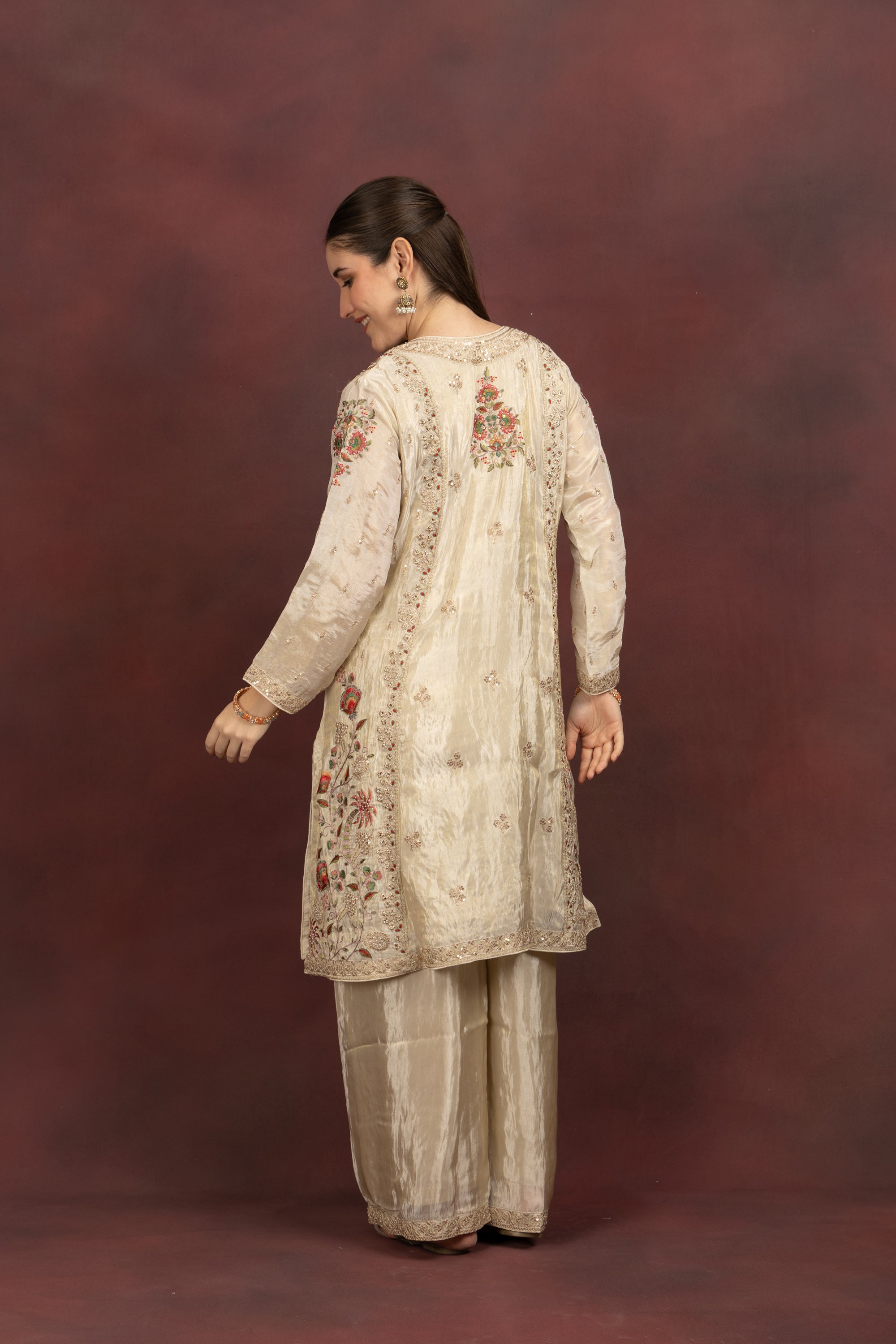 Women's Ivory Floral Embroidered Kurta Palazzo Set with Organza Dupatta