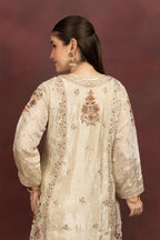 Women's Ivory Floral Embroidered Kurta Palazzo Set with Organza Dupatta