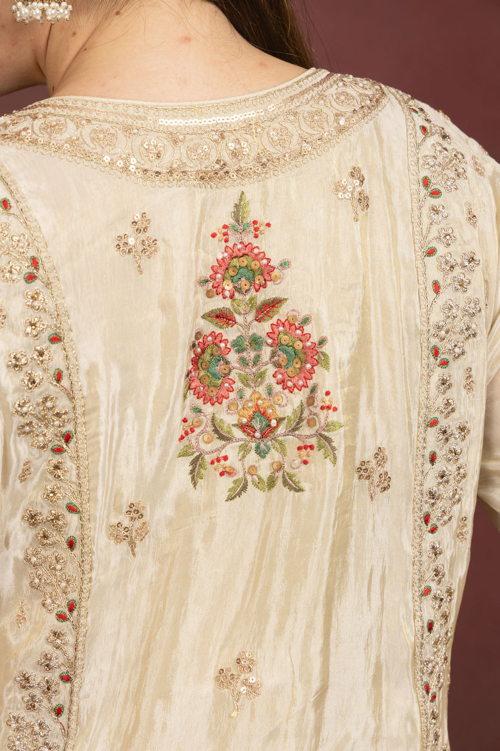 Women's Ivory Floral Embroidered Kurta Palazzo Set with Organza Dupatta