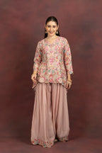 Women's Blush Pink Floral Embroidered Kurta Sharara Set with Dupatta