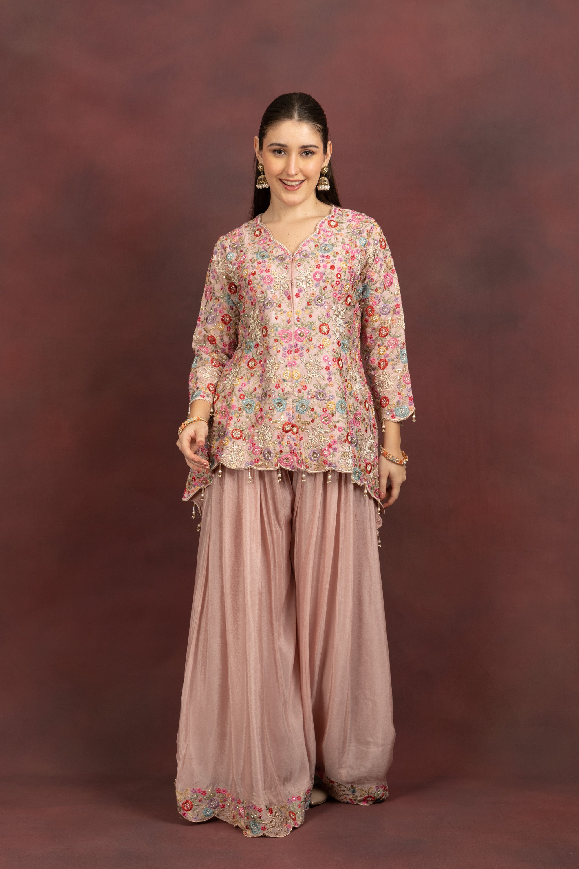 Women's Blush Pink Floral Embroidered Kurta Sharara Set with Dupatta
