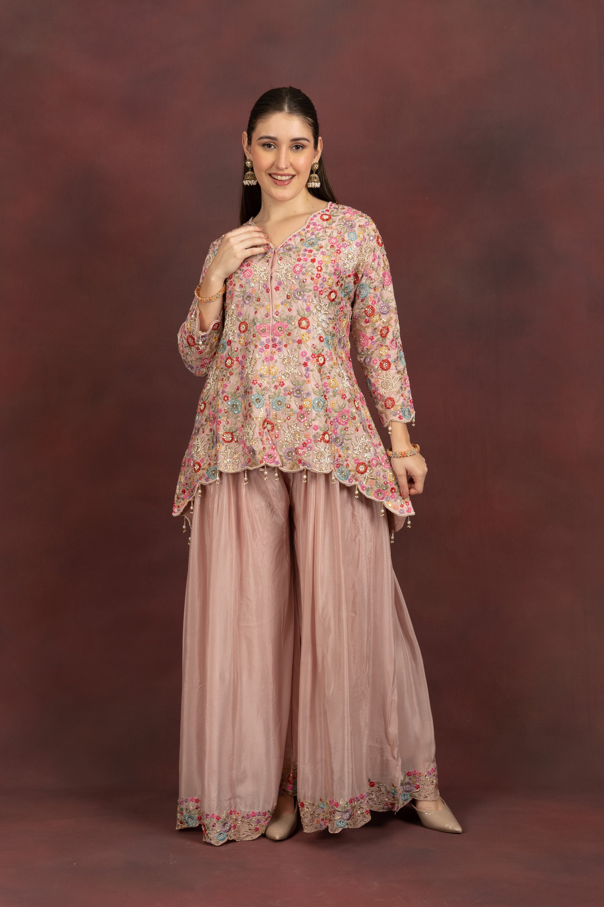 Women's Blush Pink Floral Embroidered Kurta Sharara Set with Dupatta