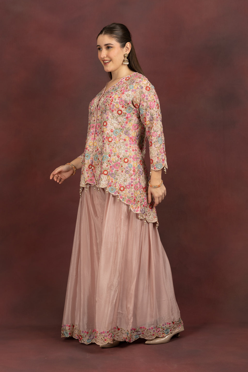 Women's Blush Pink Floral Embroidered Kurta Sharara Set with Dupatta