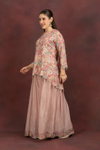 Women's Blush Pink Floral Embroidered Kurta Sharara Set with Dupatta