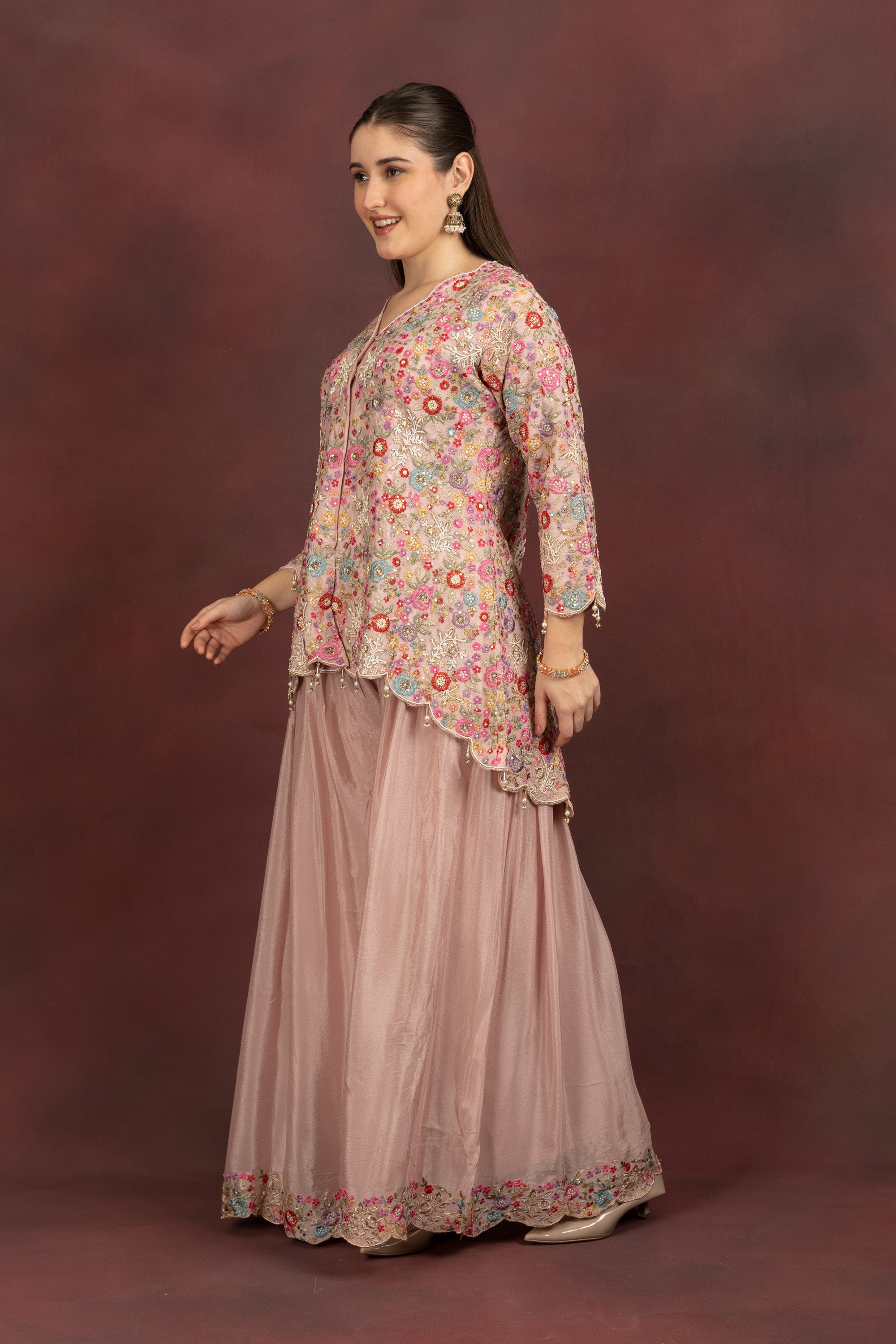Women's Blush Pink Floral Embroidered Kurta Sharara Set with Dupatta