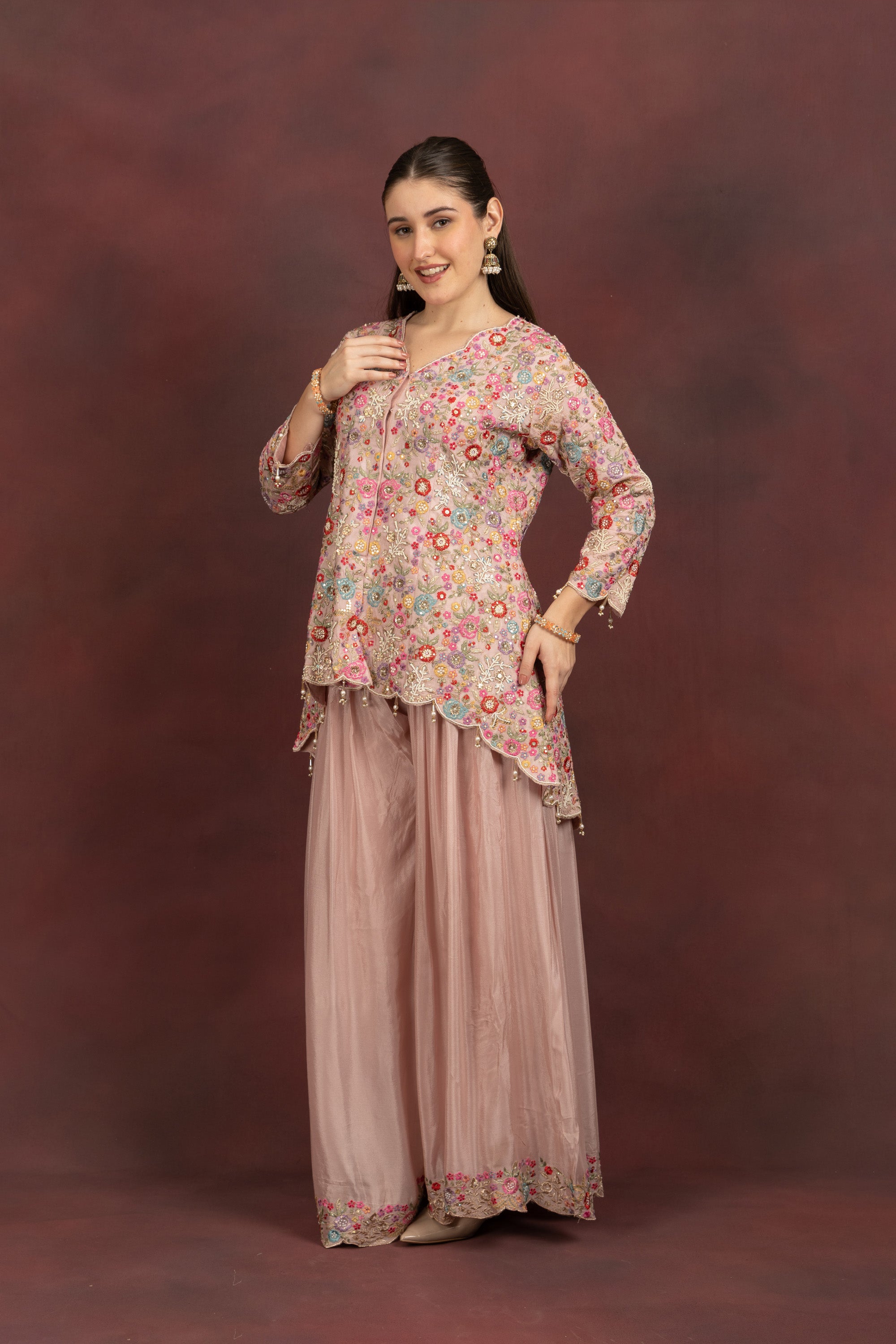Women's Blush Pink Floral Embroidered Kurta Sharara Set with Dupatta