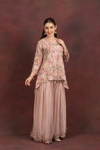 Women's Blush Pink Floral Embroidered Kurta Sharara Set with Dupatta