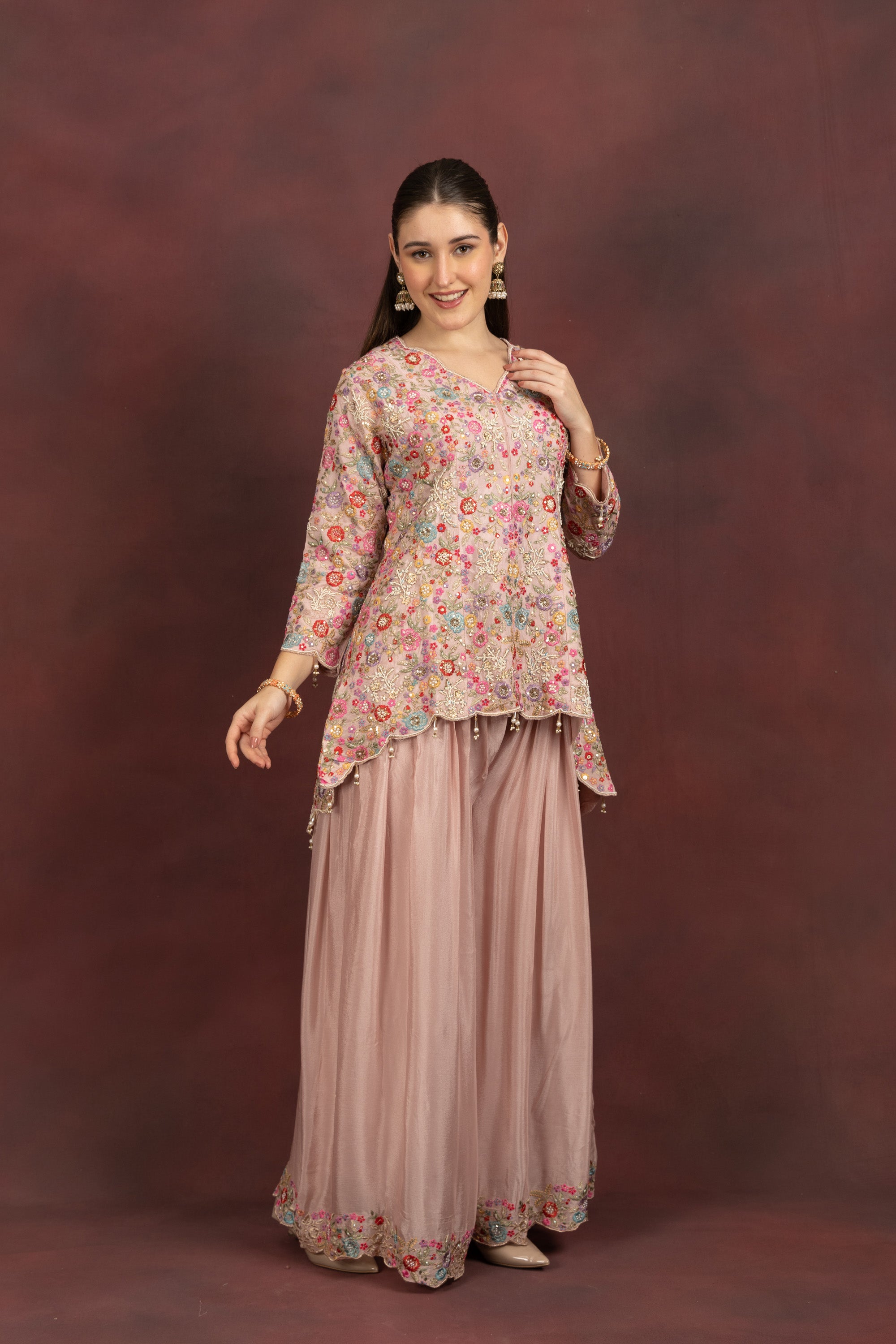 Women's Blush Pink Floral Embroidered Kurta Sharara Set with Dupatta
