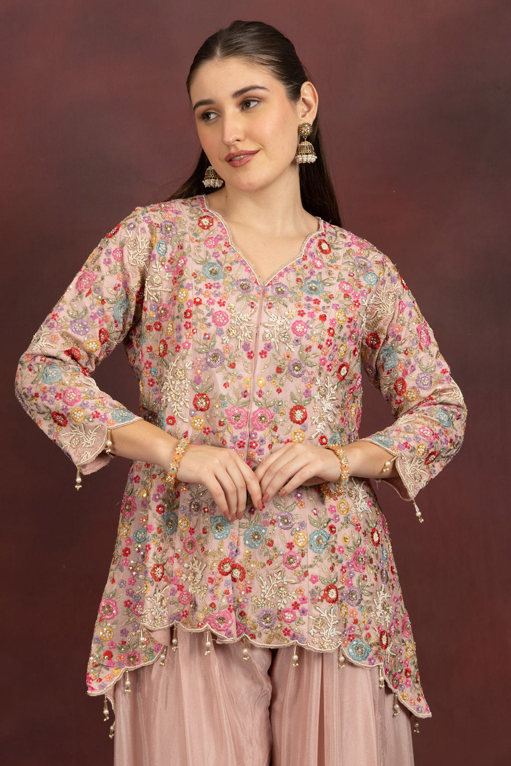 Women's Blush Pink Floral Embroidered Kurta Sharara Set with Dupatta