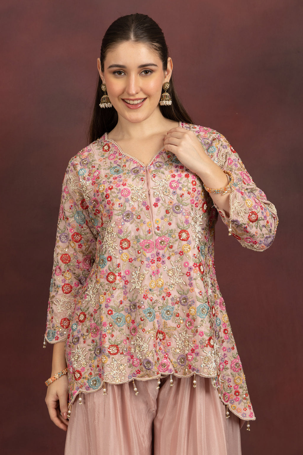 Women's Blush Pink Floral Embroidered Kurta Sharara Set with Dupatta