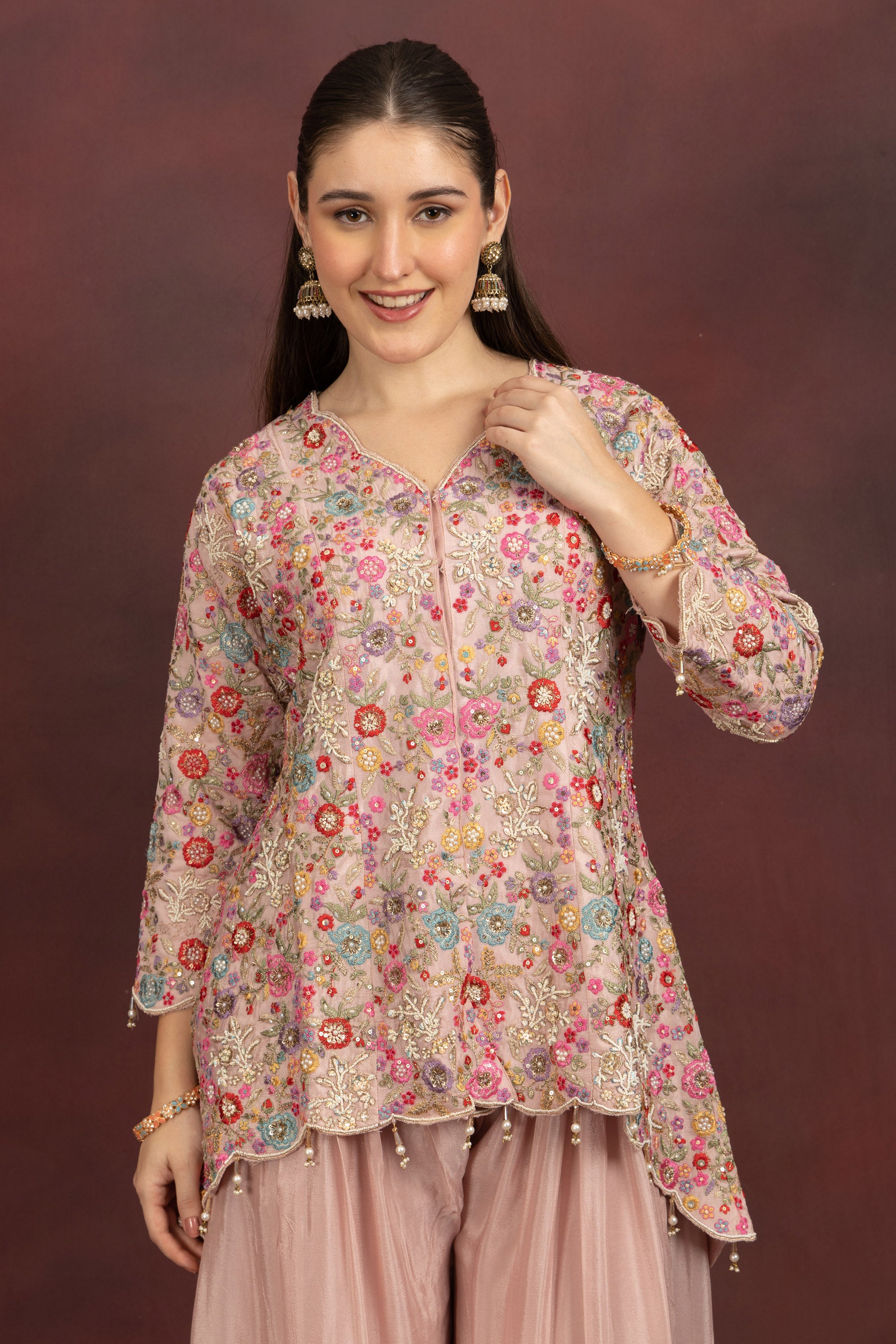 Women's Blush Pink Floral Embroidered Kurta Sharara Set with Dupatta