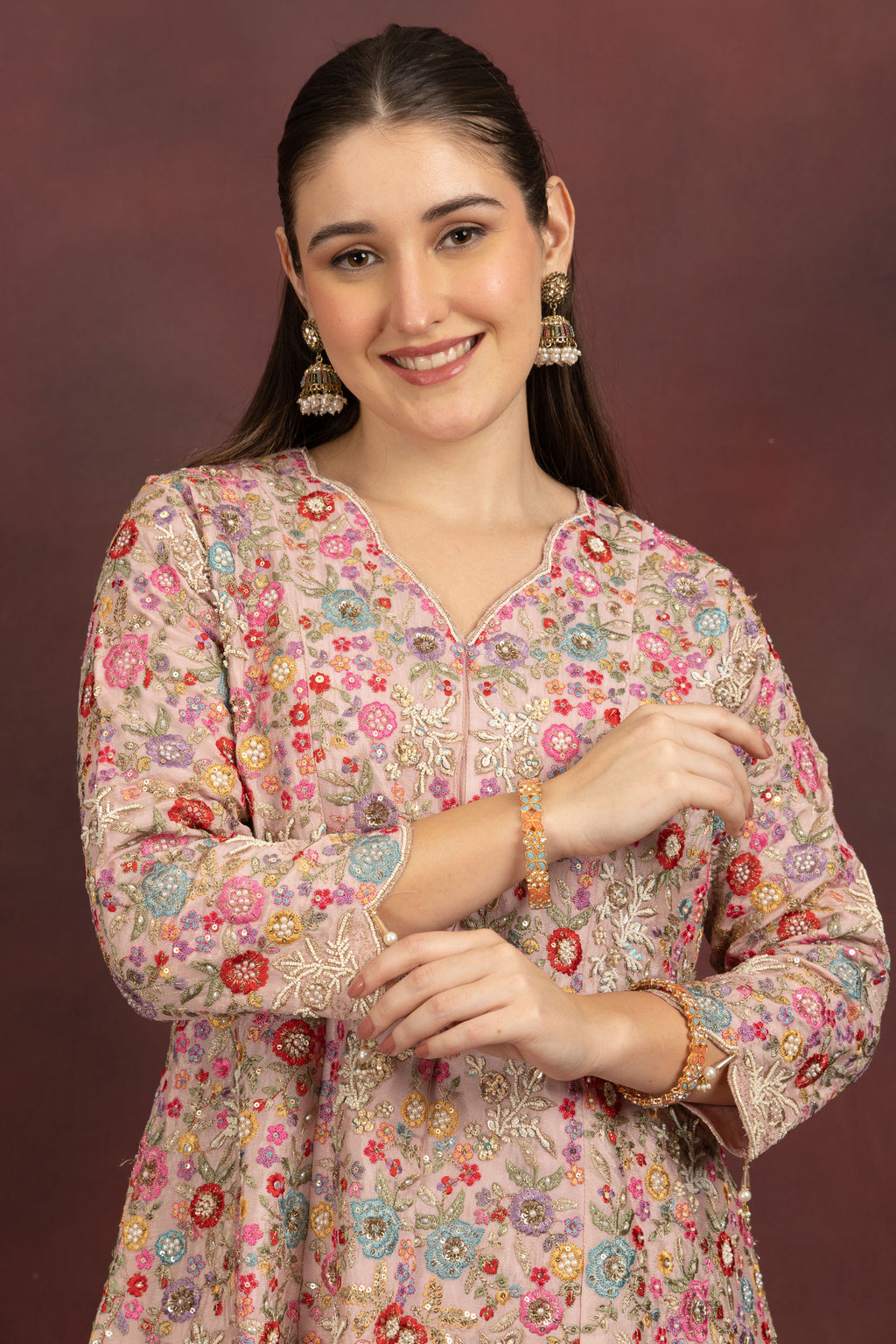 Women's Blush Pink Floral Embroidered Kurta Sharara Set with Dupatta