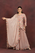 Women's Blush Pink Floral Embroidered Kurta Sharara Set with Dupatta